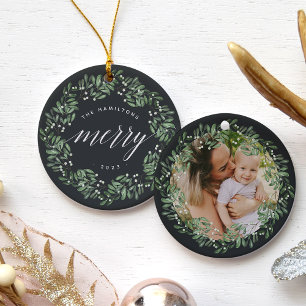 Naturally Joyful Very Merry Personalized Photo Ceramic Ornament
