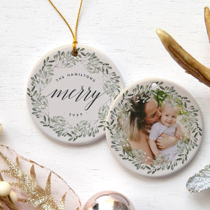 Naturally Joyful Very Merry Personalized Photo Ceramic Ornament