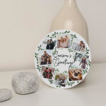 Naturally Joyful Watercolor Round Photo Collage Holiday Card<br><div class="desc">Send holiday greetings to friends and family in chic style with our elegant photo collage cards in a unique round shape. A wreath of dark green painted watercolor mistletoe frames eight of your favourite square photos arranged in a collage layout with "Season's Greetings" in the centre. Personalize the back with...</div>