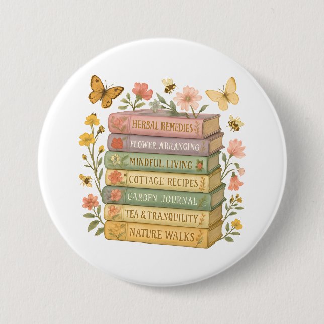 Nature and Book Lover Botanical Stack 3 Inch Round Button (Front)