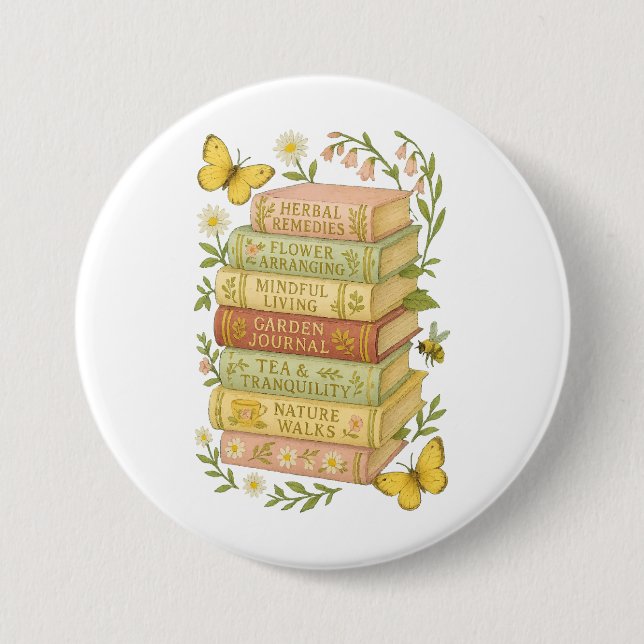 Nature and Book Lover Botanical Stack 3 Inch Round Button (Front)