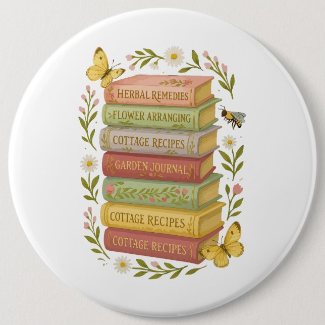 Nature and Book Lover Botanical Stack 6 Inch Round Button (Front)