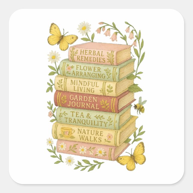 Nature and Book Lover Botanical Stack Square Sticker (Front)