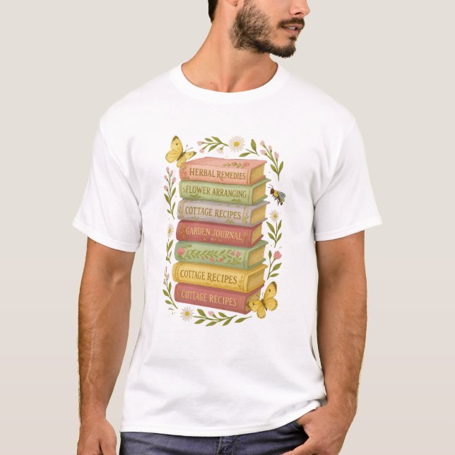 Nature and Book Lover Botanical Stack T-Shirt (Front)