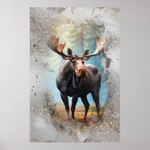 *~* Nature AP49 MOOSE Artsy Forest Gold Glitter Poster