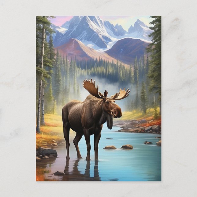 *~* Nature AP49 MOOSE Mountain Forest STREAM Postcard (Front)