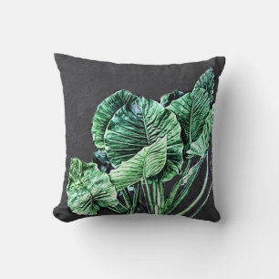 nature art bright green leaves on dark grey throw pillow