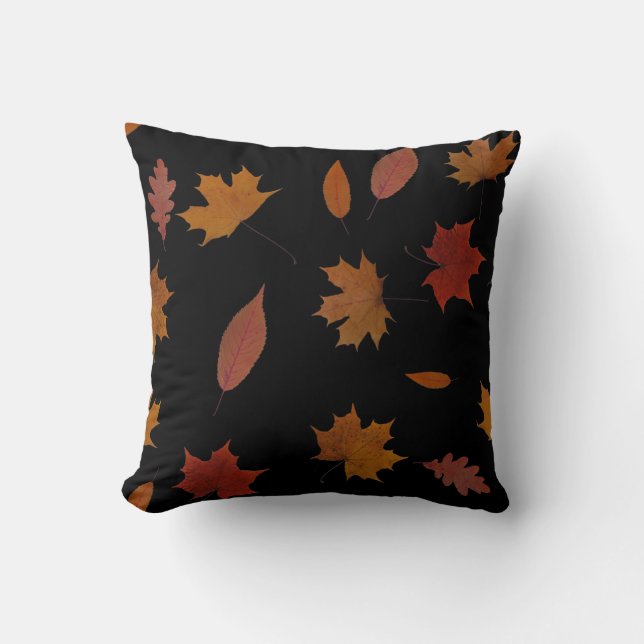 Nature Autumn Leaves on Black Custom Colour Throw Pillow (Front)