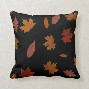 Nature Autumn Leaves on Black Custom Colour Throw Pillow