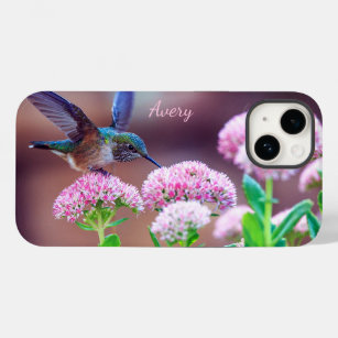 Nature Blue Hummingbird Pink Flowers Name Case-Mate iPhone 14 Case