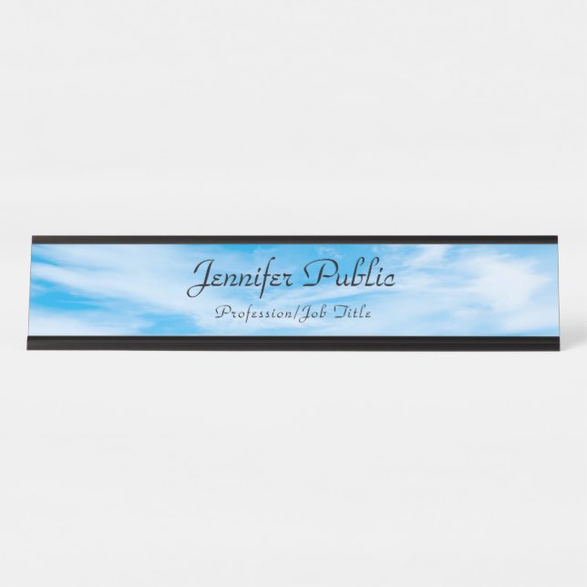 Nature Blue Sky White Clouds Modern Elegant Trendy Desk Name Plate (Front)