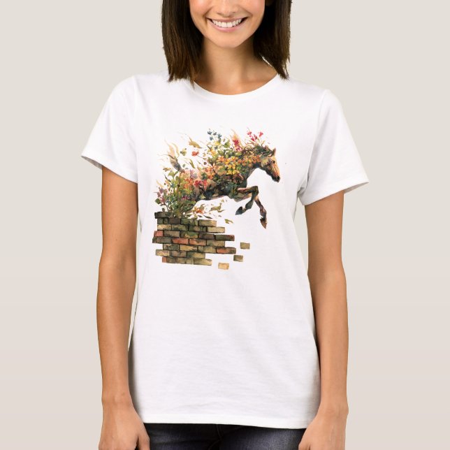 Nature Botanical Floral Horse Jumping T-Shirt (Front)
