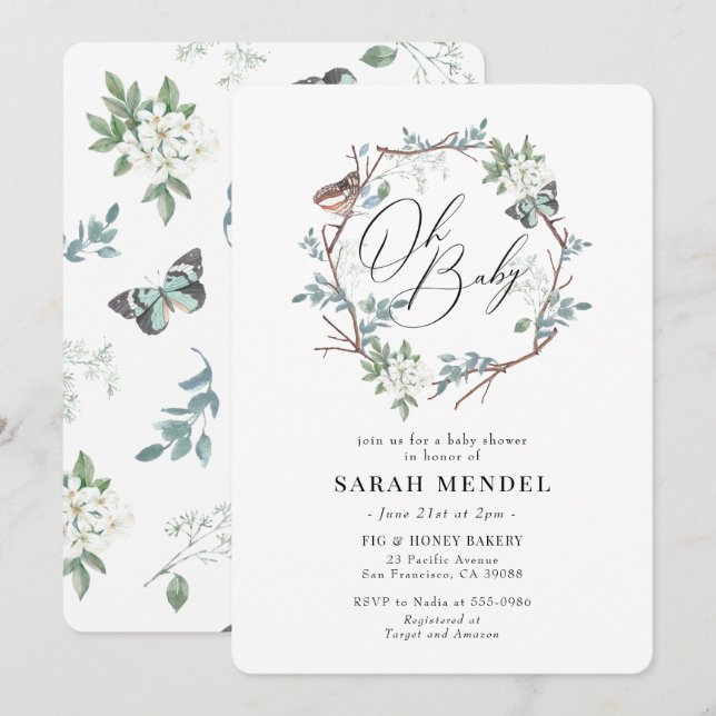 Nature Butterfly Floral Wreath Baby Shower Invitation (Front/Back)