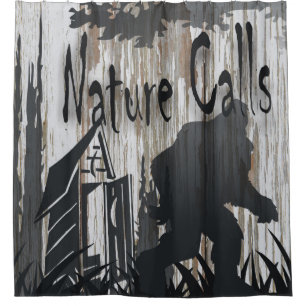 "Nature Calls" bigfoot print shower curtain