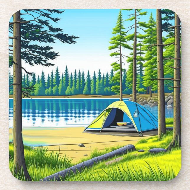 Nature Camping Themed Tent in the Woods Coaster (Front)