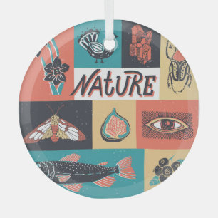 Nature Elements, Retro Style Icons. Glass Ornament