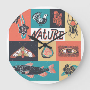 Nature Elements, Retro Style Icons. Large Clock