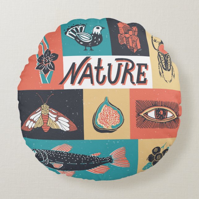 Nature Elements, Retro Style Icons. Round Pillow (Front)