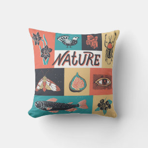 Nature Elements, Retro Style Icons. Throw Pillow