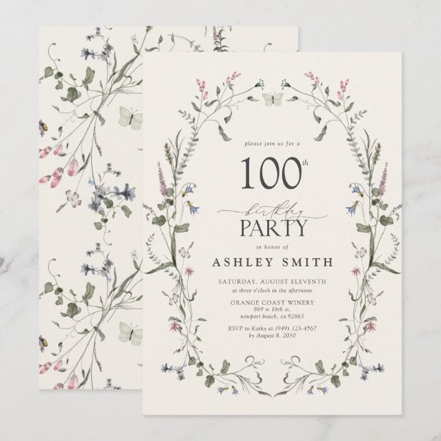 Nature Floral 100th Birthday Party Watercolor Invitation (Front/Back)