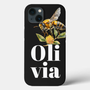 Nature Floral Bee Black Personalized Name iPhone 13 Case