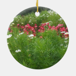 Nature Floral Pink and White Flowers Grass Ceramic Ornament