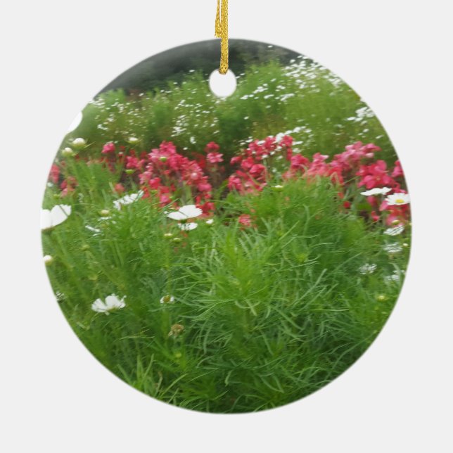 Nature Floral Pink and White Flowers Grass Ceramic Ornament (Back)