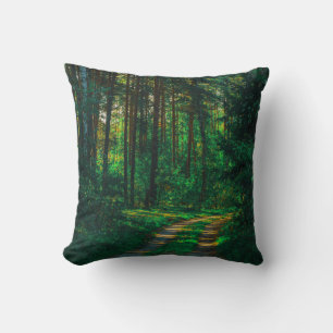 Nature Forest Birch Trees Landscape Road Throw Pillow