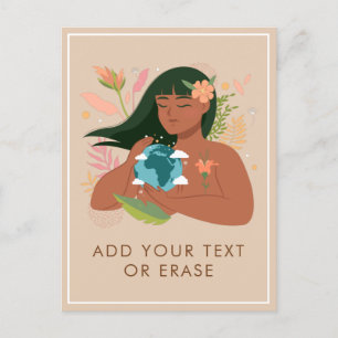 Nature Girl Holding Mother Earth Planet Add Text Holiday Postcard