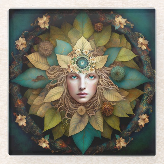 Nature Goddess Mandala Glass Coaster (Front)