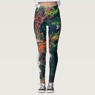 Nature Green And Red Forest Photo Leggings