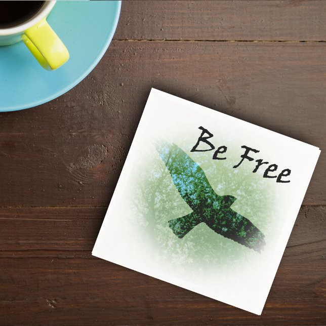 Nature Green Trees Bird Soaring Crow Be Free Napkin (Transparent flying black crow in green tree tops with Be free text on napkin.)