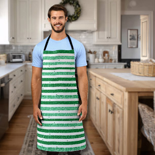 Nature Green White Horizontal Glitter Stripes Apron