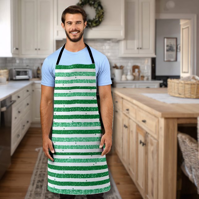 Nature Green White Horizontal Glitter Stripes Apron (Creator Uploaded)