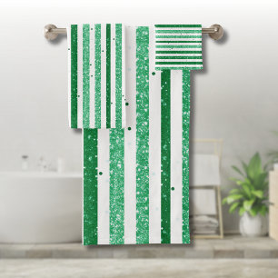 Nature Green White Horizontal Glitter Stripes Bath Towel Set