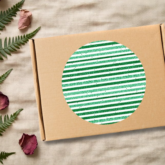 Nature Green White Horizontal Glitter Stripes Classic Round Sticker (Creator Uploaded)