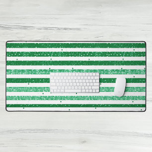 Nature Green White Horizontal Glitter Stripes Desk Mat