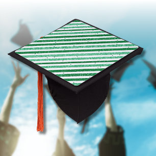 Nature Green White Horizontal Glitter Stripes Graduation Cap Topper