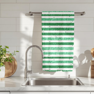 Nature Green White Horizontal Glitter Stripes Kitchen Towel