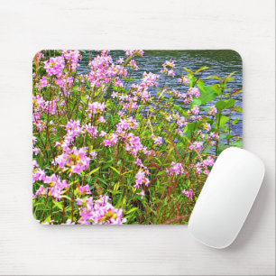 Nature, green, wildflowers, pink, water mouse pad