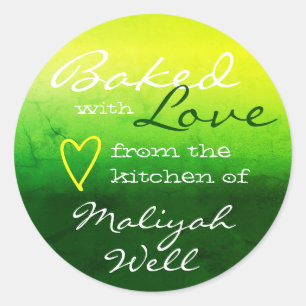 Nature Green Yellow Marble Baked with Love Heart Classic Round Sticker