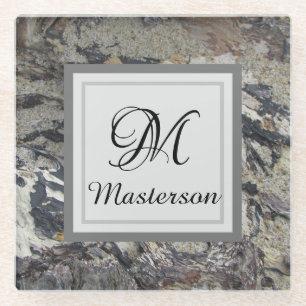Nature Grey Brown Driftwood Photo Family Monogram Glass Coaster