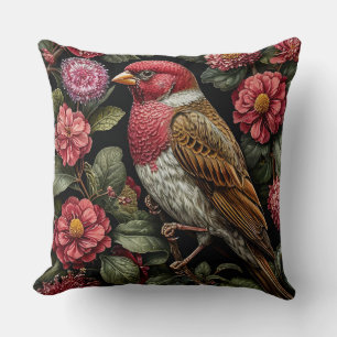 Nature Inspired Bird and Flowers Botanical Decor Throw Pillow