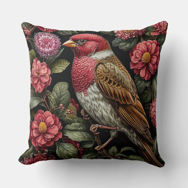 Nature Inspired Bird and Flowers Botanical Decor Throw Pillow (Front)
