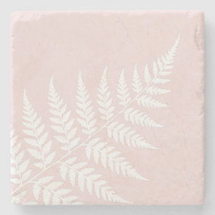 Nature Inspired Blush Pink White Fern Wedding Stone Coaster