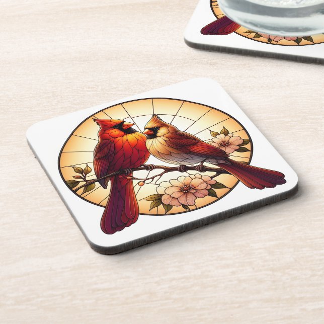 Nature-Inspired Cardinal Pair Stained Glass Art Coaster (Left Side)