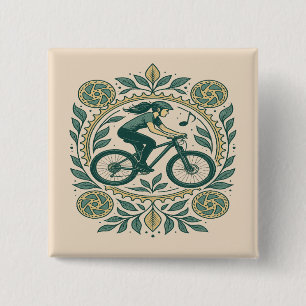 Nature-Inspired Female Cyclist Art – Boho Biking 2 Inch Square Button