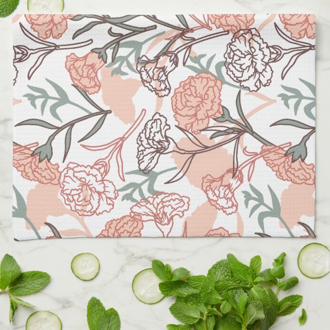 Nature Inspired Floral: Carnation Flower Pattern Kitchen Towel (Folded)