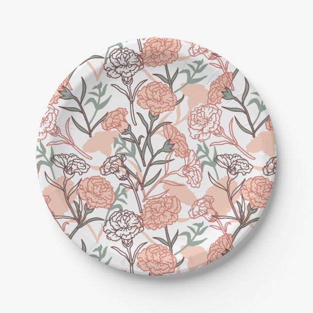 Nature Inspired Floral: Carnation Flower Pattern Paper Plate (Front)
