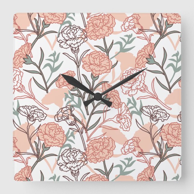 Nature Inspired Floral: Carnation Flower Pattern Square Wall Clock (Front)
